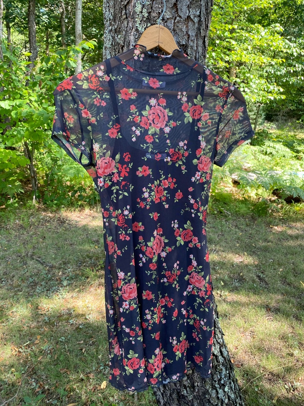 Arizona 90’s Style Floral Mesh Short Sleeve Dress - Black with Red Roses